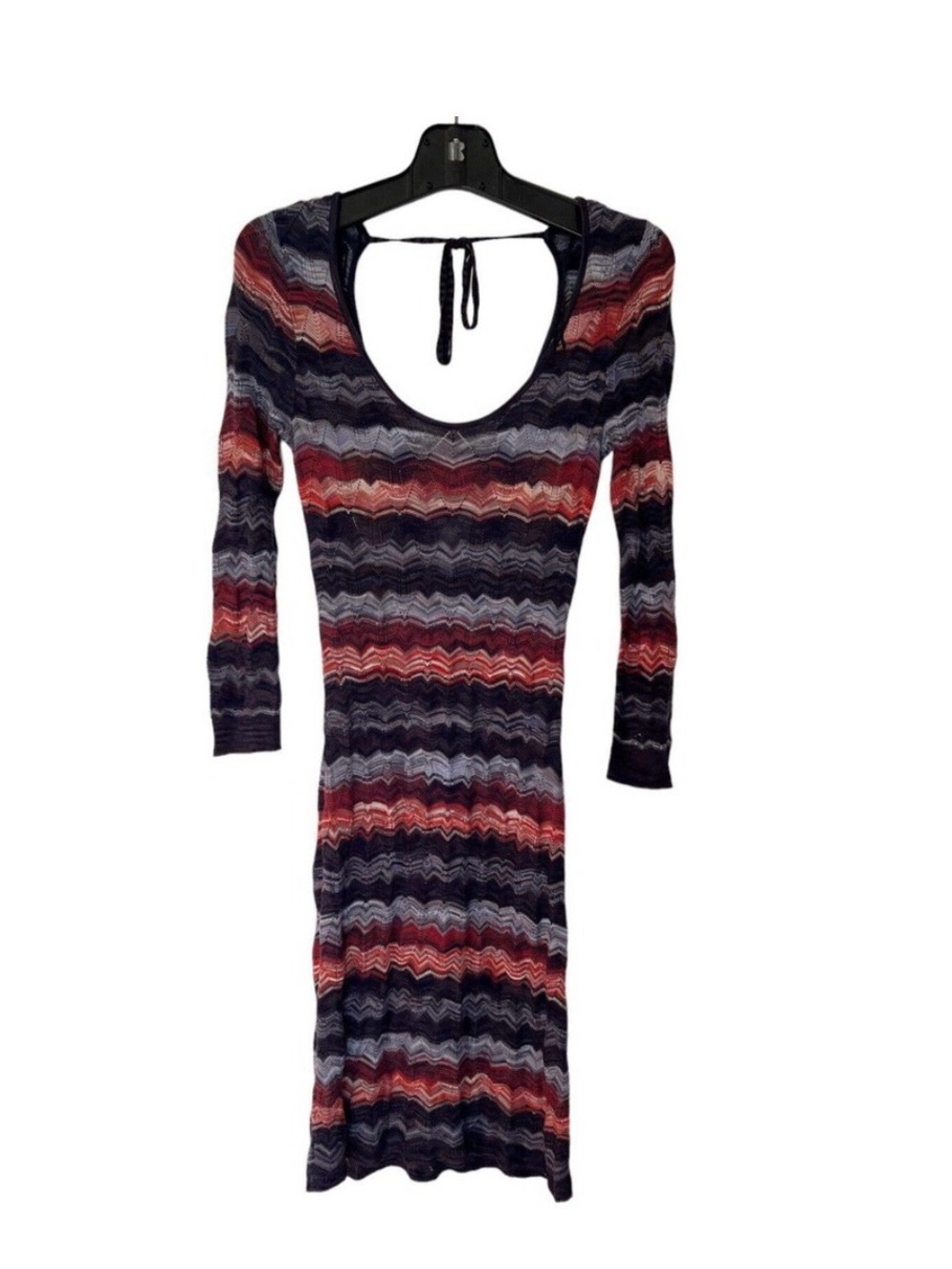 Vintage Scoop-Back Long Sleeve Knit Midi Dress in Red and Navy